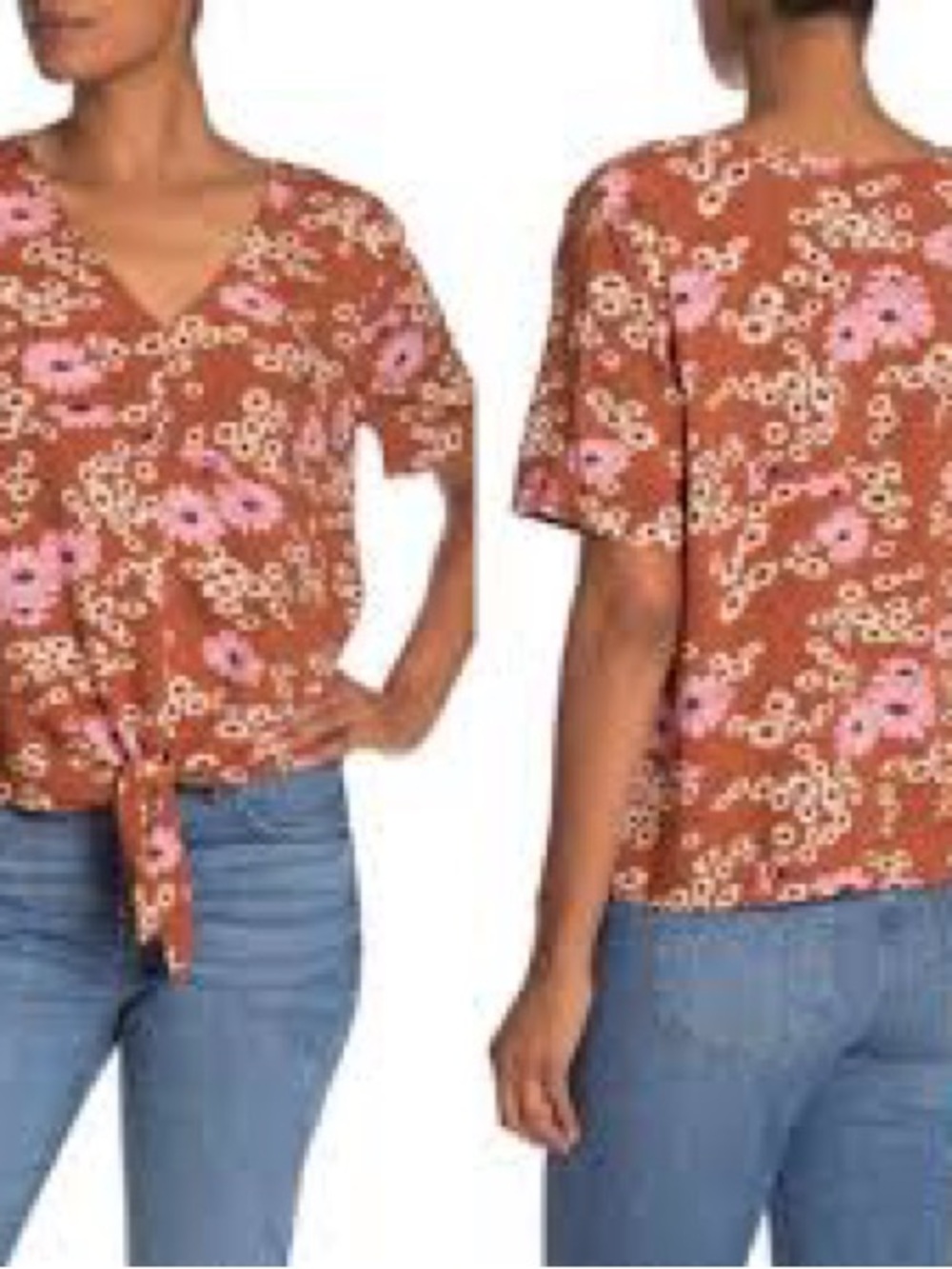 Madewell Rust Floral Tie-Front V-Neck Blouse
